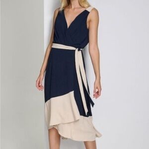 Navy Sleeveless Dress with Cream Belt